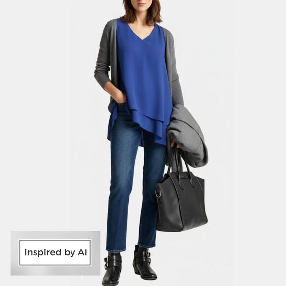 Eileen Fisher S Asym Blue Sheer 100% Silk Tunic Blouse Flowy Sleeveless - Picture 3 of 7